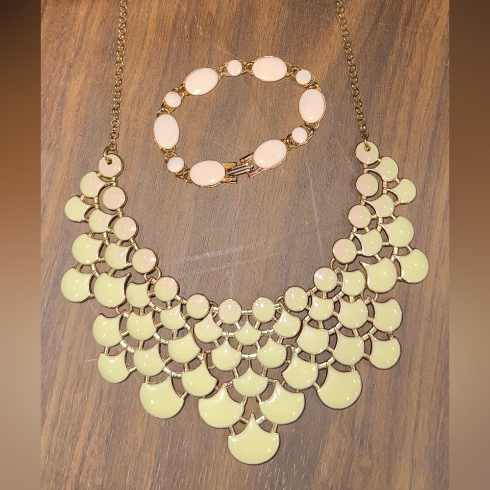 Off-White Bib Statement Necklace & Clasp Bracelet Bundle